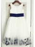 Ivory Satin Tulle Navy Blue Petals Knee Length Flower Girl Dress 